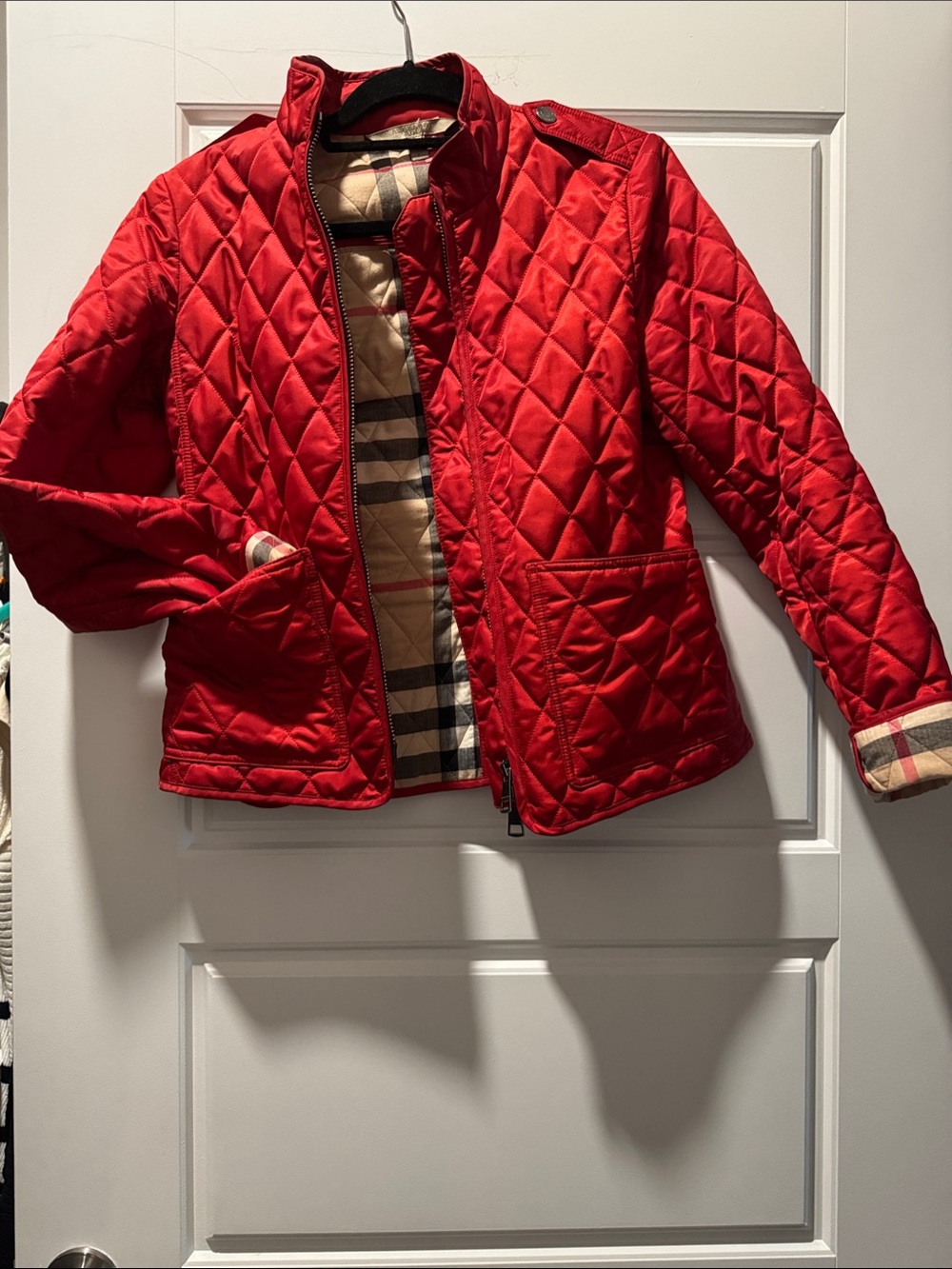 Burberry Red Quilted Puffer Jacket with Signature Check Lining